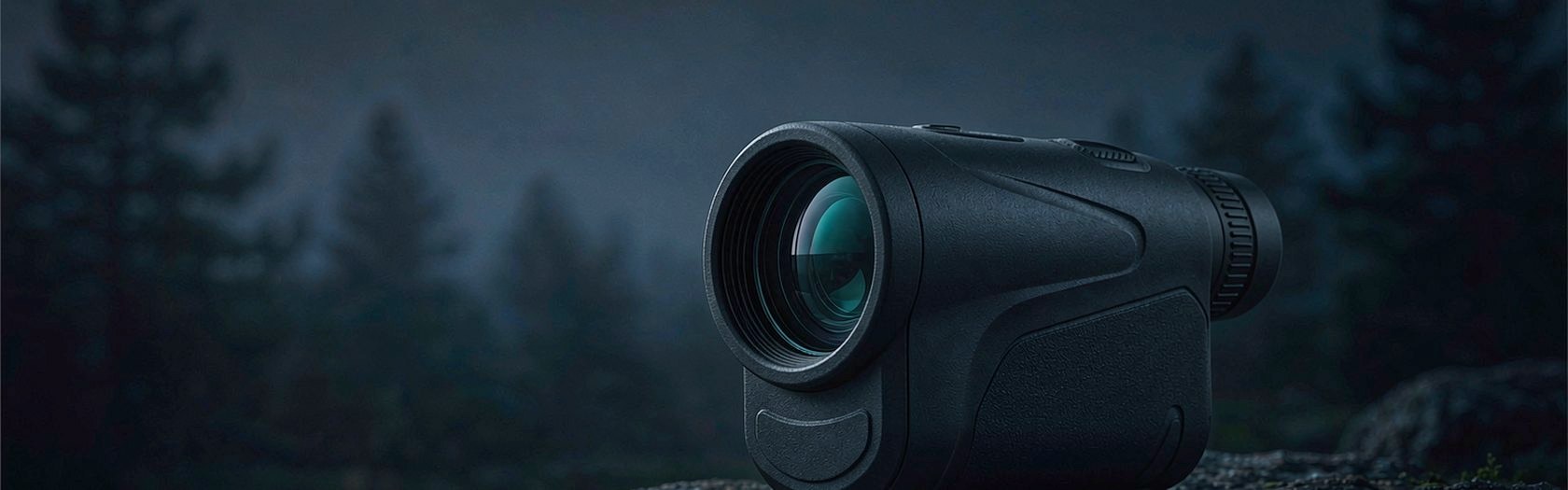 A rugged handheld laser rangefinder resting on a mossy rock at dusk, its multi-coated objective lens catching a faint teal glint.